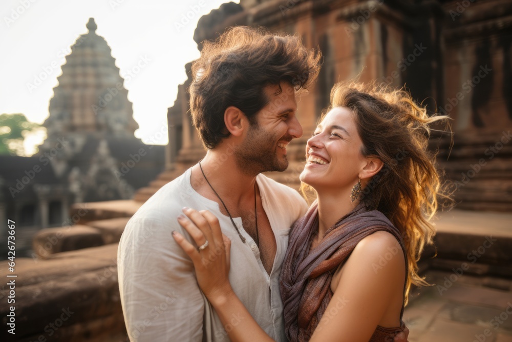 Couple in their 30s smiling at the Angkor Wat in Siem Reap Cambodia Couple in their 30s smiling at the Angkor Wat in Siem Reap Cambodia