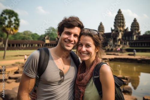 Couple in their 30s smiling at the Angkor Wat in Siem Reap Cambodia
