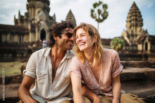Couple in their 30s smiling at the Angkor Wat in Siem Reap Cambodia