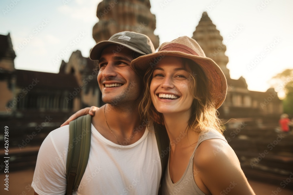 Couple in their 30s smiling at the Angkor Wat in Siem Reap Cambodia