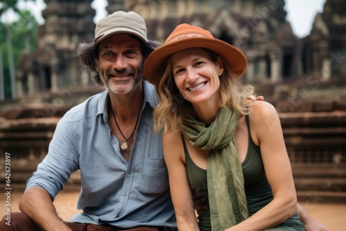Couple in their 40s smiling at the Angkor Wat in Siem Reap Cambodia © Anne Schaum