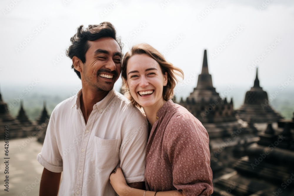 Couple in their 30s smiling at the Borobudur in Magelang Indonesia