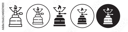 Camping gas icon. Cooking hot gas stove symbol. Vector set of butane burner for outdoor hiking adventure. Flat outline of metal household portable equipment 