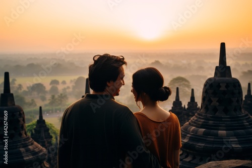Couple in their 30s smiling at the Borobudur in Magelang Indonesia