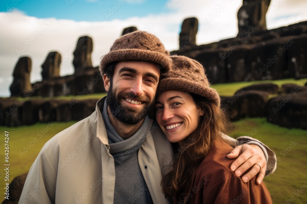 Couple in their 30s at the Moai Statues of Easter Island Chile