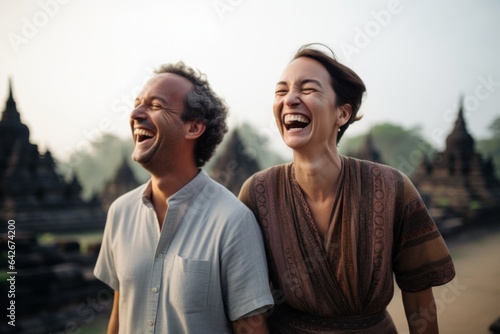 Couple in their 40s smiling at the Borobudur in Magelang Indonesia