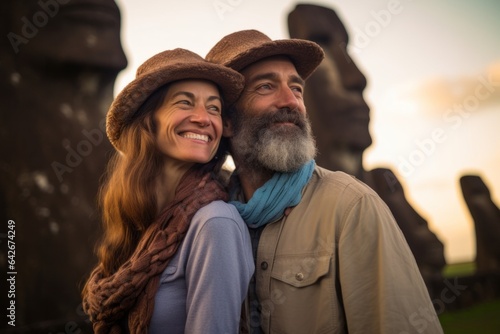 Couple in their 40s smiling at the Moai Statues of Easter Island Chile