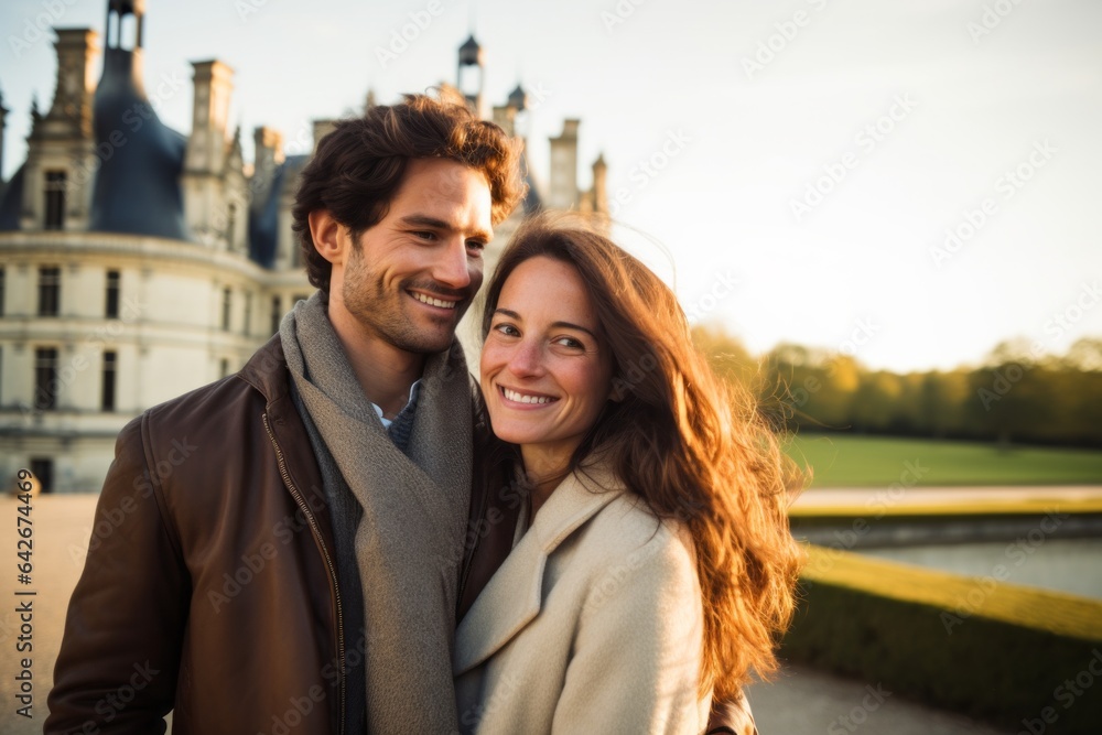 Couple in their 30s smiling at the Château de Chambord in Loir-et-Cher France