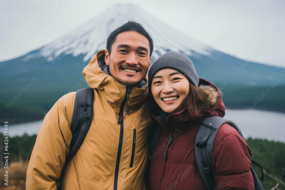 Couple in their 30s smiling near the Mount Fuji in Honshu Island Japan