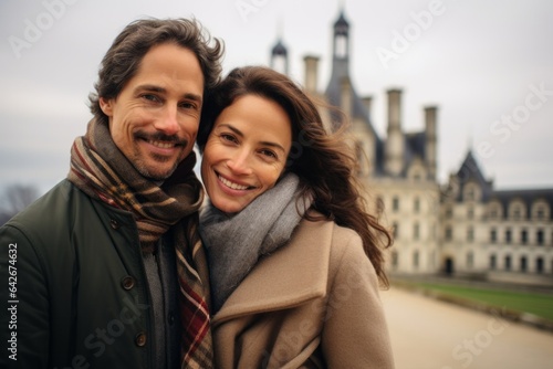 Couple in their 40s smiling at the Château de Chambord in Loir-et-Cher France © Hanne Bauer