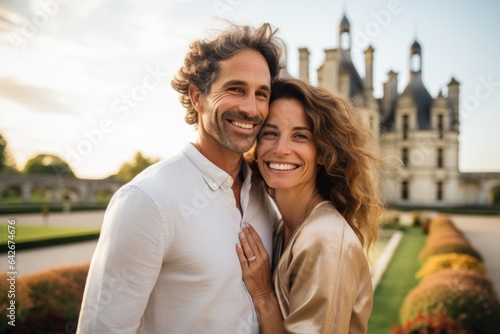 Couple in their 40s smiling at the Château de Chambord in Loir-et-Cher France