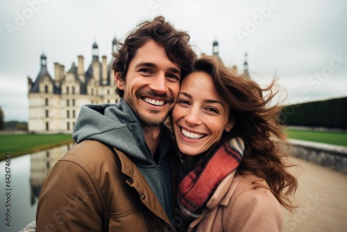Couple in their 40s smiling at the Ch  teau de Chambord in Loir-et-Cher France