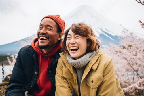 Couple in their 30s smiling at the Mount Fuji in Honshu Japan