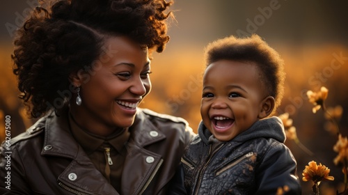 A happy laughing baby with mom outdoors. Generative AI. 
