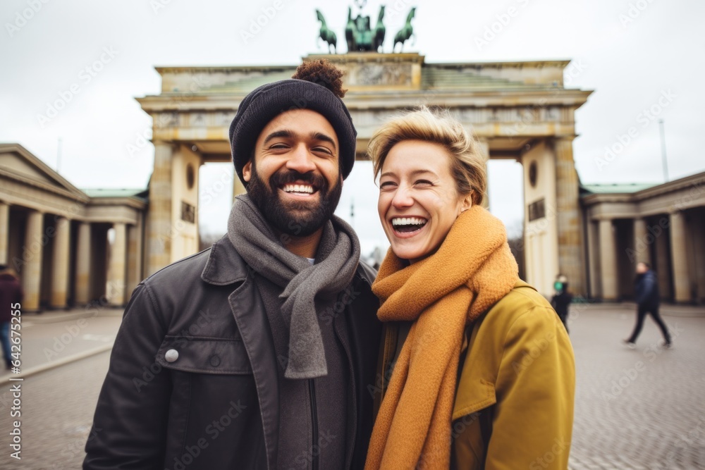Couple in their 30s smiling in front of the Brandenburg Gate in Berlin Germany