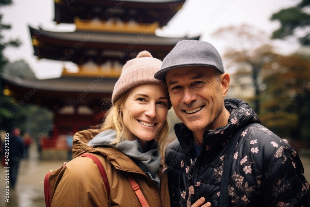 Couple in their 40s smiling at the Kyoto Temples in Kyoto Japan