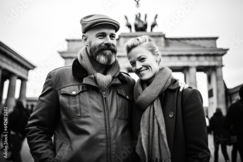 Couple in their 40s in front of the Brandenburg Gate in Berlin Germany