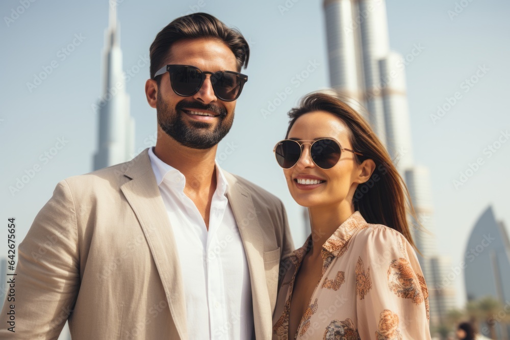 Couple in their 30s in front of the Burj Khalifa in Dubai UAE Couple in their 30s in front of the Burj Khalifa in Dubai UAE