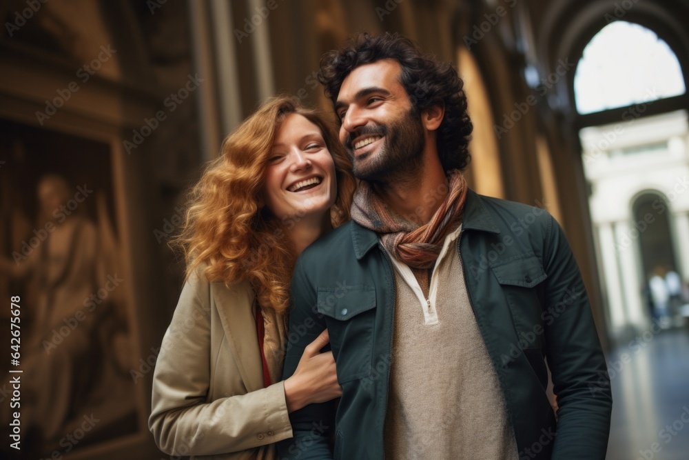 Couple in their 30s smiling at the Uffizi Gallery in Florence Italy Couple in their 30s smiling at the Uffizi Gallery in Florence Italy