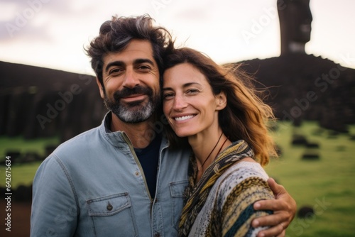 Couple in their 30s smiling at the Easter Island in Chile