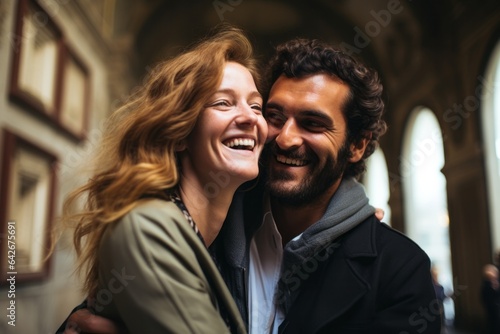 Couple in their 30s smiling at the Uffizi Gallery in Florence Italy