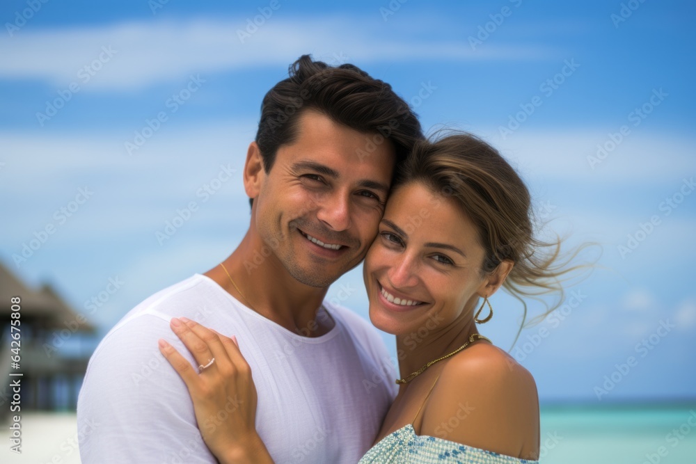 Couple in their 30s smiling at the Maldives Islands in Maldives Couple in their 30s smiling at the Maldives Islands in Maldives