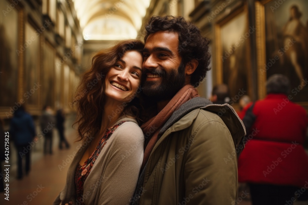 Couple in their 30s smiling at the Uffizi Gallery in Florence Italy Couple in their 30s smiling at the Uffizi Gallery in Florence Italy
