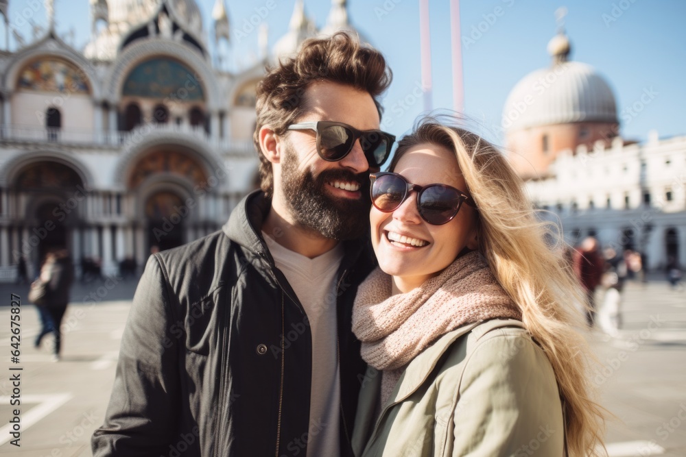 Couple in their 30s smiling at the Piazza San Marco in Venice Italy Couple in their 30s smiling at the Piazza San Marco in Venice Italy