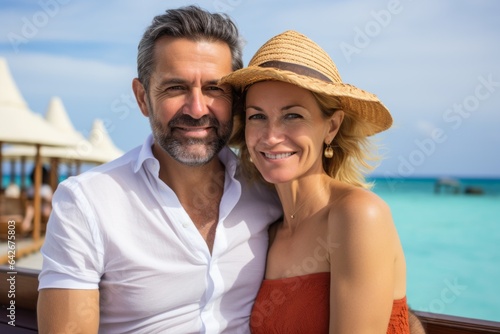 Couple in their 40s smiling at the Maldives Islands in Maldives © Hanne Bauer