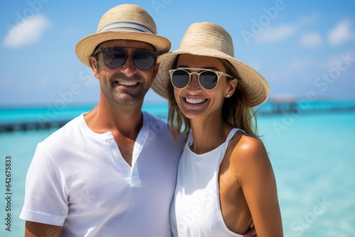 Couple in their 40s smiling at the Maldives Islands in Maldives