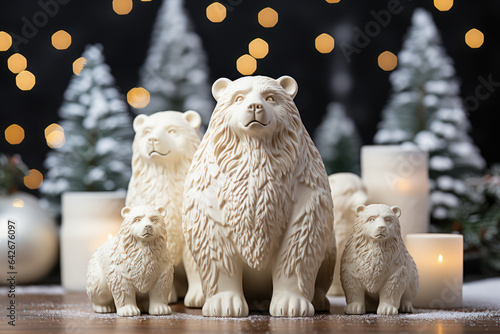 White bear figurines standing on a background composed of snow and a Christmas tree. Generative Ai.