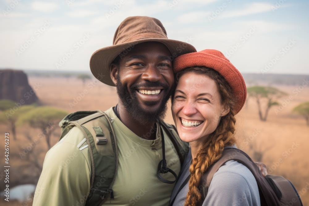 Couple in their 30s smiling at the Victoria Falls in Zambia/Zimbabwe