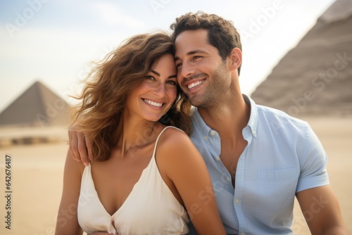 Couple in their 30s smiling at the Pyramids of Giza Egypt