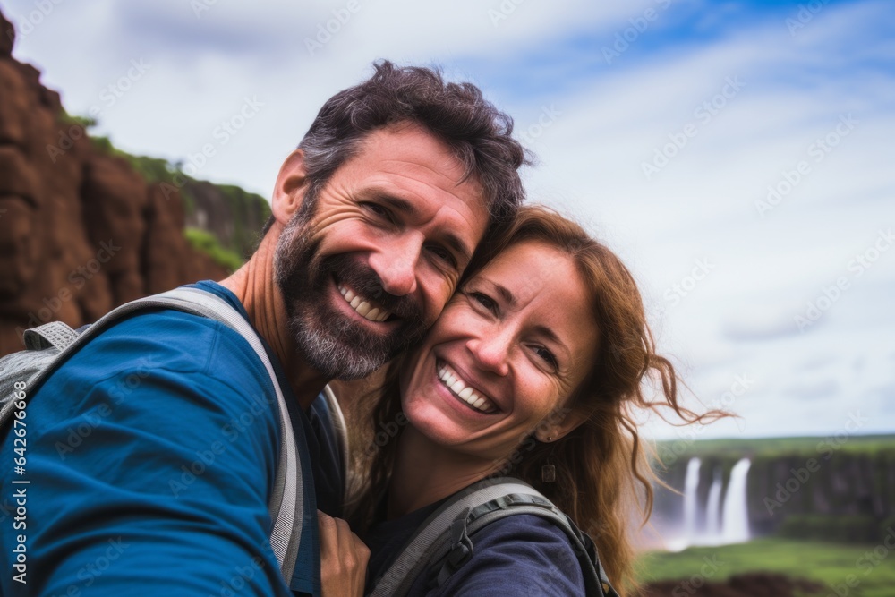 Couple in their 40s smiling at the Iguazu Falls in Misiones Argentina/Brazil Couple in their 40s smiling at the Iguazu Falls in Misiones Argentina/Brazil