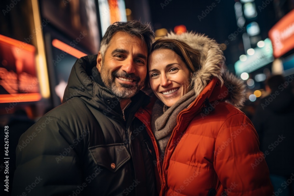 Couple in their 40s at the Times Square in New York USA Couple in their 40s at the Times Square in New York USA