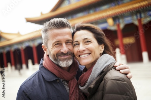 Couple in their 40s smiling at the Palace Museum (Forbidden City) in Beijing China © Anne Schaum