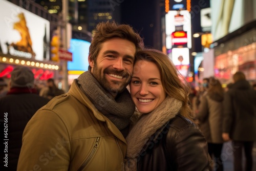 Couple in their 30s smiling at the Times Square in New York USA