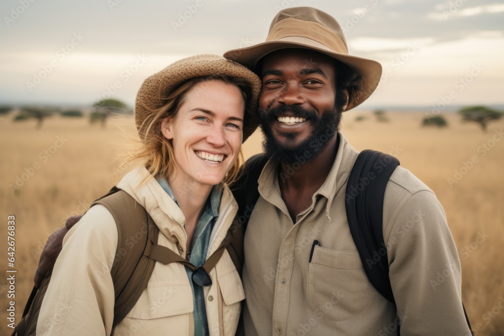 Couple in their 30s smiling at the Serengeti National Park Tanzania