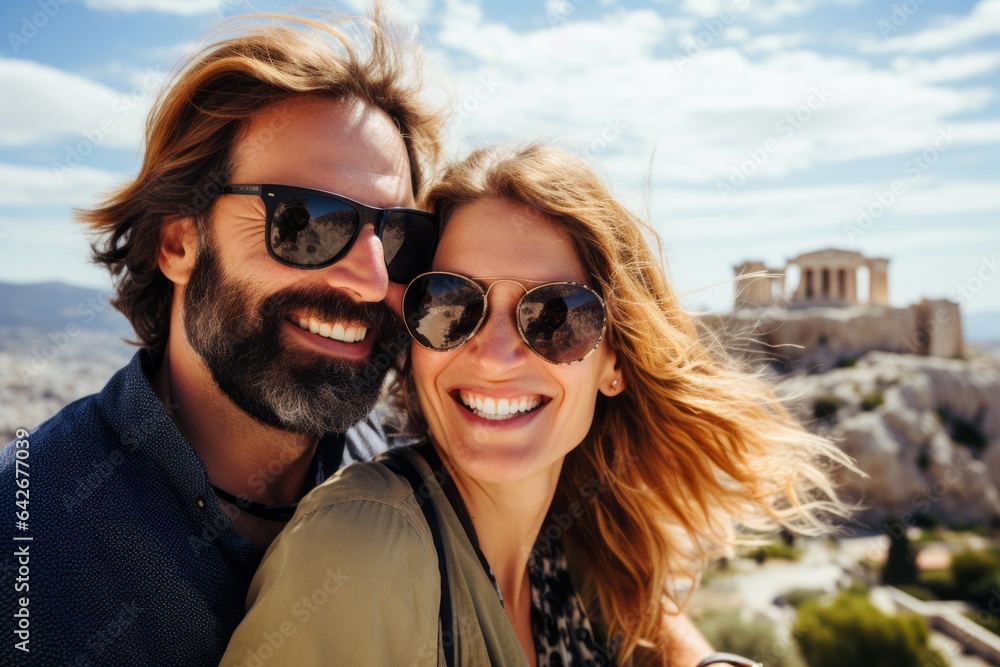 Couple in their 40s smiling at the Acropolis in Athens Greece Couple in their 40s smiling at the Acropolis in Athens Greece