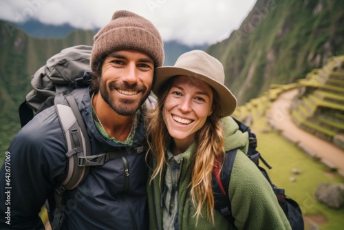 Couple in their 30s smiling at the Machu Picchu in Cusco Region Peru