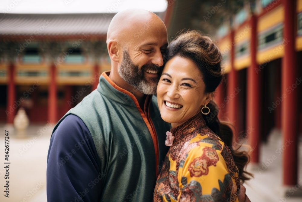 Couple in their 40s smiling at the Gyeongbokgung Palace in Seoul South Korea Couple in their 40s smiling at the Gyeongbokgung Palace in Seoul South Korea