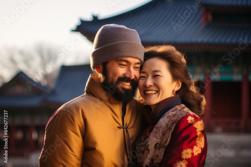 Couple in their 40s at the Gyeongbokgung Palace in Seoul South Korea