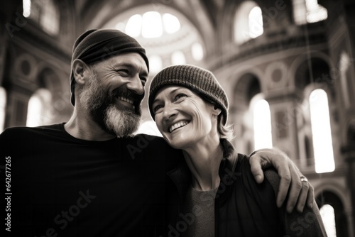 Couple in their 40s smiling at the Hagia Sophia in Istanbul Turkey
