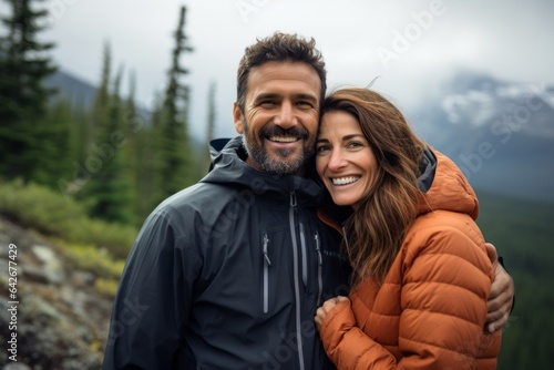 Couple in their 40s smiling at the Banff National Park in Alberta Canada