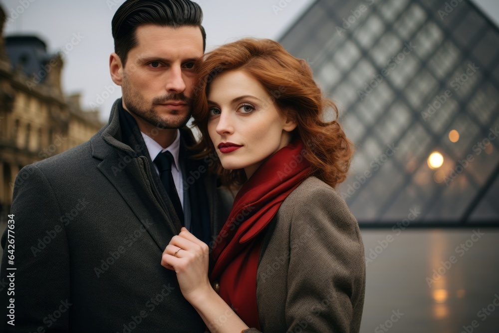 Couple in their 30s at the Louvre Museum in Paris France Couple in their 30s at the Louvre Museum in Paris France