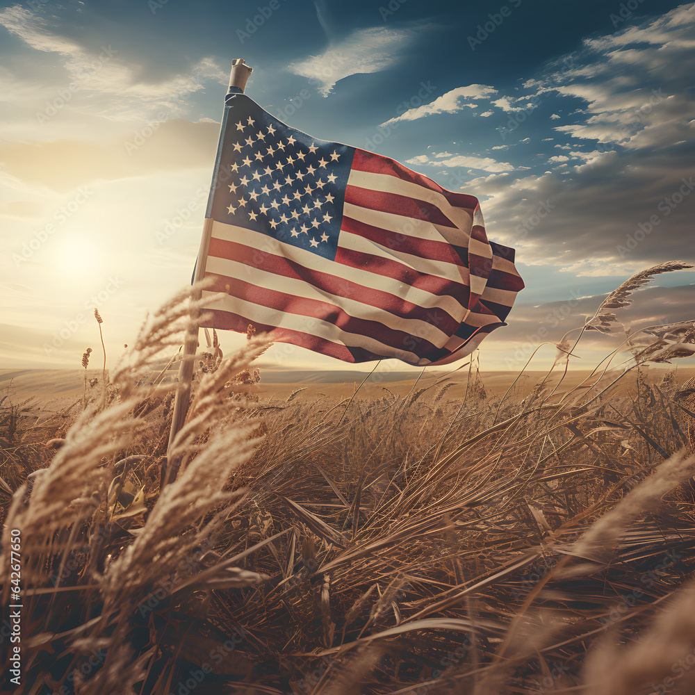 The American flag in a wheat field with warm tones from the sunset. A patriotic USA theme. The American flag in a wheat field with warm tones from the sunset. A patriotic USA theme.