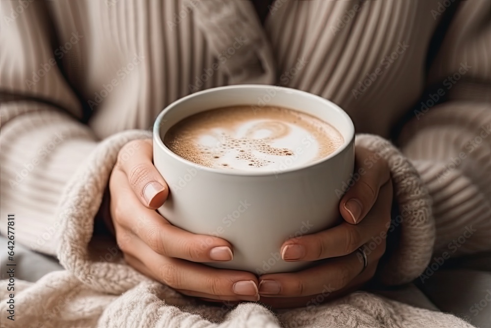 a woman's hands holding a cup of cappui latte, which is made from coffee beans a woman's hands holding a cup of cappui latte, which is made from coffee beans