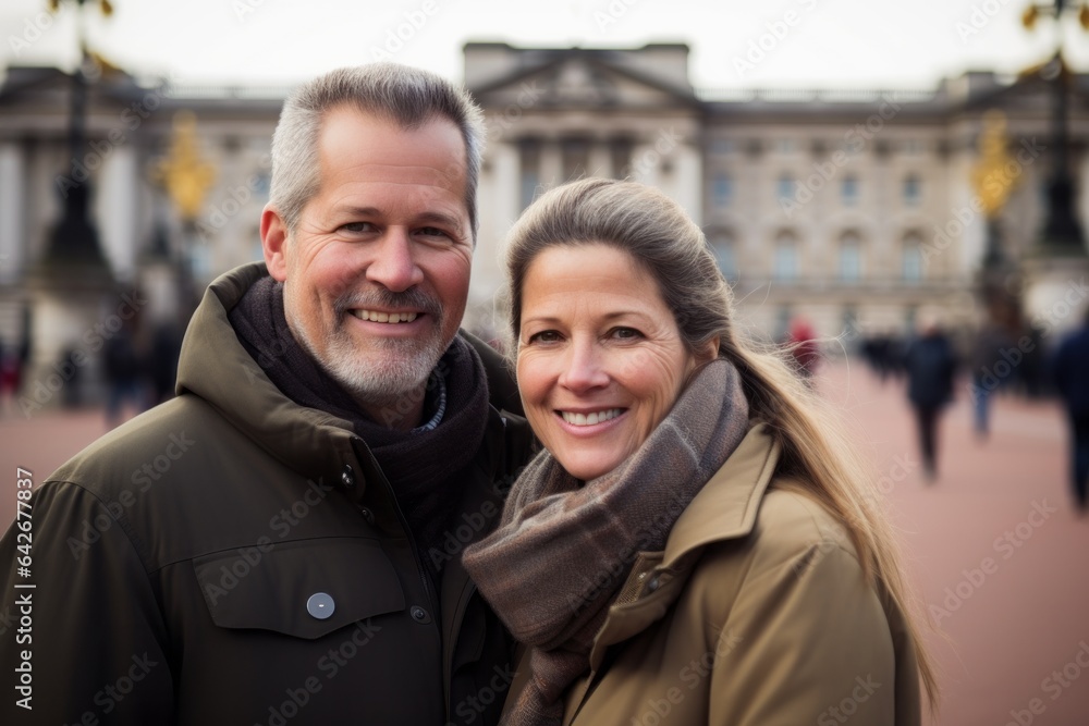 Couple in their 40s smiling at the Buckingham Palace in London England Couple in their 40s smiling at the Buckingham Palace in London England