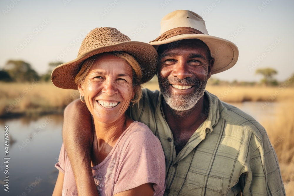 Couple in their 40s smiling at the Okavango Delta in Botswana