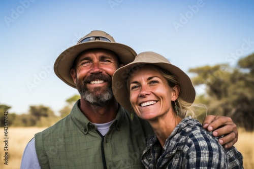 Couple in their 40s smiling at the Okavango Delta in Botswana